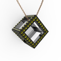 Taşlı Küp Kolye - Peridot 925 ayar siyah rodyum kaplama gümüş kolye (40 cm rose altın rolo zincir) #sgw73b