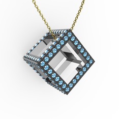 Taşlı Küp Kolye - Akuamarin 14 ayar beyaz altın kolye (40 cm gümüş rolo zincir) #tpdur0