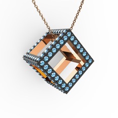 Taşlı Küp Kolye - Akuamarin 8 ayar rose altın kolye (40 cm rose altın rolo zincir) #vygy2c