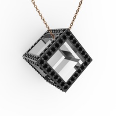 Taşlı Küp Kolye - Siyah zirkon 925 ayar gümüş kolye (40 cm rose altın rolo zincir) #x20j66