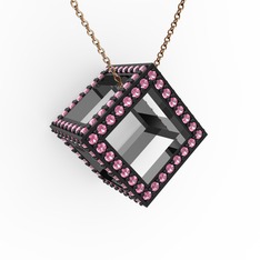 Taşlı Küp Kolye - Pembe kuvars 925 ayar siyah rodyum kaplama gümüş kolye (40 cm rose altın rolo zincir) #yhsel7