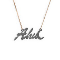 925 ayar siyah rodyum kaplama gümüş kolye (3 karakterli el yazısı, 40 cm rose altın rolo zincir)