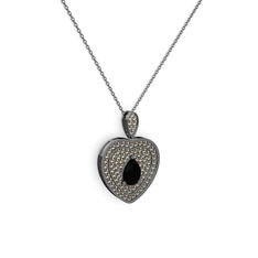 Damla Kalp Kolye - Siyah zirkon ve dumanlı kuvars 925 ayar siyah rodyum kaplama gümüş kolye (40 cm gümüş rolo zincir) #105e8lu