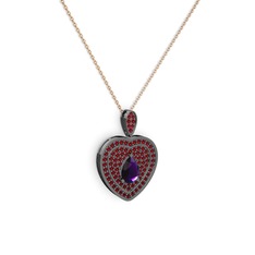 Damla Kalp Kolye - Ametist ve garnet 925 ayar siyah rodyum kaplama gümüş kolye (40 cm rose altın rolo zincir) #10gwjp3