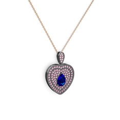 Damla Kalp Kolye - Lab safir ve pembe kuvars 925 ayar siyah rodyum kaplama gümüş kolye (40 cm rose altın rolo zincir) #10lhwj8