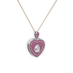 Damla Kalp Kolye - Beyaz zirkon ve rodolit garnet 14 ayar beyaz altın kolye (40 cm rose altın rolo zincir) #11ub7rd