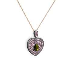 Peridot ve pembe kuvars 925 ayar siyah rodyum kaplama gümüş kolye (40 cm rose altın rolo zincir)