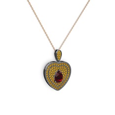 Garnet ve sitrin 925 ayar siyah rodyum kaplama gümüş kolye (40 cm rose altın rolo zincir)