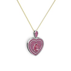 Pembe kuvars ve rodolit garnet 14 ayar beyaz altın kolye (40 cm altın rolo zincir)
