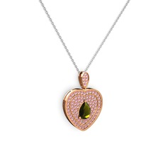 Damla Kalp Kolye - Peridot ve pembe kuvars 8 ayar rose altın kolye (40 cm beyaz altın rolo zincir) #17iiqaf