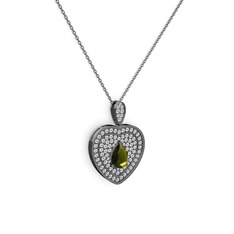 Damla Kalp Kolye - Peridot ve swarovski 925 ayar siyah rodyum kaplama gümüş kolye (40 cm gümüş rolo zincir) #17sr6jv