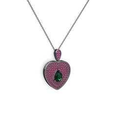 Damla Kalp Kolye - Yeşil kuvars ve rodolit garnet 925 ayar siyah rodyum kaplama gümüş kolye (40 cm gümüş rolo zincir) #18os334