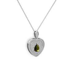 Peridot ve beyaz zirkon 925 ayar gümüş kolye (40 cm beyaz altın rolo zincir)