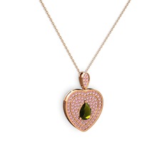 Peridot ve pembe kuvars 18 ayar rose altın kolye (40 cm rose altın rolo zincir)