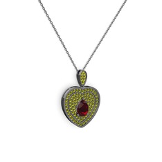 Damla Kalp Kolye - Garnet ve peridot 925 ayar siyah rodyum kaplama gümüş kolye (40 cm gümüş rolo zincir) #1cl6lnr