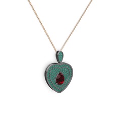 Damla Kalp Kolye - Garnet ve kök zümrüt 925 ayar siyah rodyum kaplama gümüş kolye (40 cm rose altın rolo zincir) #1cz245g