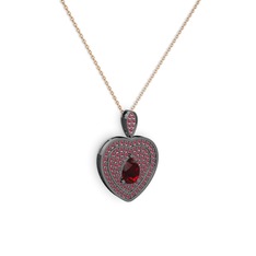 Damla Kalp Kolye - Garnet ve kök yakut 925 ayar siyah rodyum kaplama gümüş kolye (40 cm rose altın rolo zincir) #1d626xl