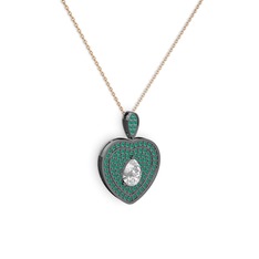 Swarovski ve kök zümrüt 925 ayar siyah rodyum kaplama gümüş kolye (40 cm rose altın rolo zincir)