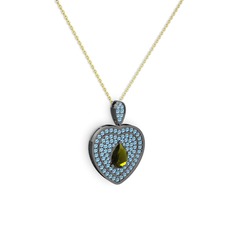 Damla Kalp Kolye - Peridot ve akuamarin 925 ayar siyah rodyum kaplama gümüş kolye (40 cm altın rolo zincir) #1e6mjvh