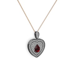 Damla Kalp Kolye - Garnet ve beyaz zirkon 925 ayar siyah rodyum kaplama gümüş kolye (40 cm rose altın rolo zincir) #1f1shdb