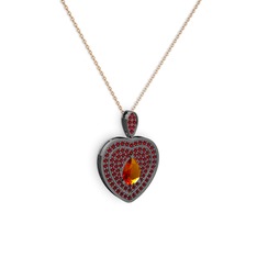 Damla Kalp Kolye - Sitrin ve garnet 925 ayar siyah rodyum kaplama gümüş kolye (40 cm rose altın rolo zincir) #1fyuh8k