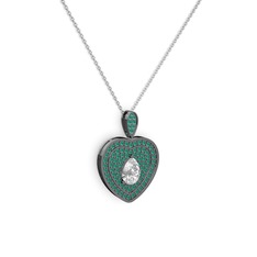 Damla Kalp Kolye - Swarovski ve kök zümrüt 925 ayar siyah rodyum kaplama gümüş kolye (40 cm beyaz altın rolo zincir) #1hhcf6c