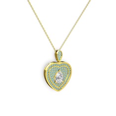 Damla Kalp Kolye - Swarovski ve akuamarin 14 ayar altın kolye (40 cm altın rolo zincir) #1hr314p