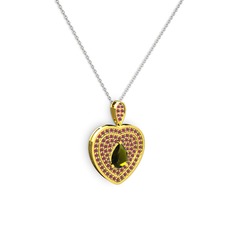 Damla Kalp Kolye - Peridot ve kök yakut 18 ayar altın kolye (40 cm gümüş rolo zincir) #1kaat2a