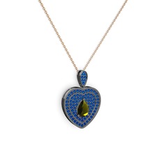 Damla Kalp Kolye - Peridot ve lab safir 925 ayar siyah rodyum kaplama gümüş kolye (40 cm rose altın rolo zincir) #1mrz086