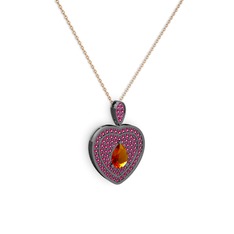 Damla Kalp Kolye - Sitrin ve rodolit garnet 925 ayar siyah rodyum kaplama gümüş kolye (40 cm rose altın rolo zincir) #1njj4iq