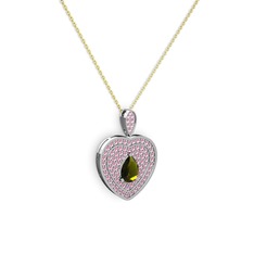 Damla Kalp Kolye - Peridot ve pembe kuvars 18 ayar beyaz altın kolye (40 cm altın rolo zincir) #1ns231y