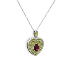 Damla Kalp Kolye - Rodolit garnet ve peridot 8 ayar beyaz altın kolye (40 cm beyaz altın rolo zincir) #1owsahr
