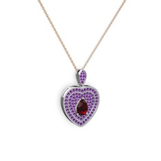 Garnet ve ametist 14 ayar beyaz altın kolye (40 cm gümüş rolo zincir)