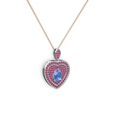 Akuamarin ve rodolit garnet 8 ayar beyaz altın kolye (40 cm rose altın rolo zincir)