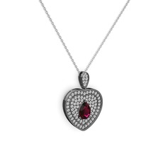 Damla Kalp Kolye - Rodolit garnet ve swarovski 925 ayar siyah rodyum kaplama gümüş kolye (40 cm beyaz altın rolo zincir) #1siepo5