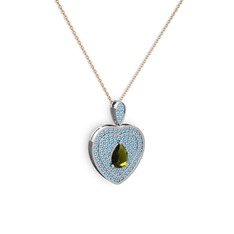 Peridot ve akuamarin 8 ayar beyaz altın kolye (40 cm gümüş rolo zincir)