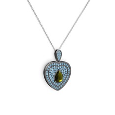 Damla Kalp Kolye - Peridot ve akuamarin 925 ayar siyah rodyum kaplama gümüş kolye (40 cm beyaz altın rolo zincir) #1t5c1dt