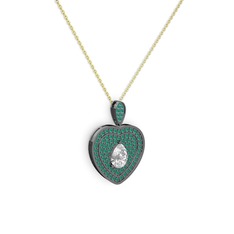 Damla Kalp Kolye - Swarovski ve kök zümrüt 925 ayar siyah rodyum kaplama gümüş kolye (40 cm altın rolo zincir) #1t6y4op