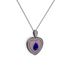 Damla Kalp Kolye - Lab safir ve pembe kuvars 925 ayar siyah rodyum kaplama gümüş kolye (40 cm gümüş rolo zincir) #1vxo9wz