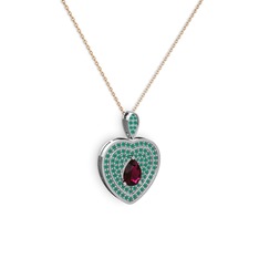 Damla Kalp Kolye - Rodolit garnet ve kök zümrüt 18 ayar beyaz altın kolye (40 cm rose altın rolo zincir) #1wmb1is