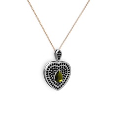 Damla Kalp Kolye - Peridot ve siyah zirkon 18 ayar beyaz altın kolye (40 cm rose altın rolo zincir) #1wr9lp8