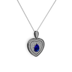 Damla Kalp Kolye - Lab safir ve swarovski 925 ayar siyah rodyum kaplama gümüş kolye (40 cm beyaz altın rolo zincir) #1yjhvn7