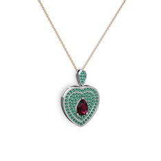Rodolit garnet ve yeşil kuvars 18 ayar beyaz altın kolye (40 cm rose altın rolo zincir)