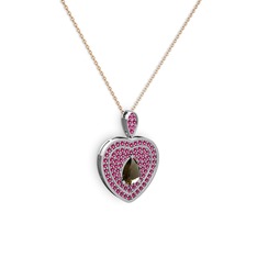 Dumanlı kuvars ve rodolit garnet 8 ayar beyaz altın kolye (40 cm rose altın rolo zincir)