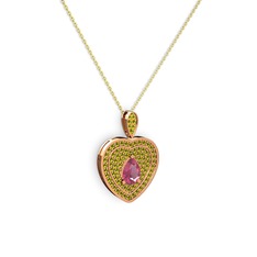 Pembe kuvars ve peridot 14 ayar rose altın kolye (40 cm altın rolo zincir)