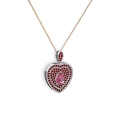 Pembe kuvars ve garnet 18 ayar beyaz altın kolye (40 cm rose altın rolo zincir)