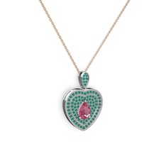 Damla Kalp Kolye - Pembe kuvars ve kök zümrüt 18 ayar beyaz altın kolye (40 cm rose altın rolo zincir) #38bug