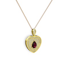 Damla Kalp Kolye - Rodolit garnet ve beyaz zirkon 14 ayar altın kolye (40 cm gümüş rolo zincir) #3evtgm