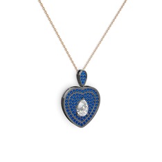 Damla Kalp Kolye - Swarovski ve lab safir 925 ayar siyah rodyum kaplama gümüş kolye (40 cm rose altın rolo zincir) #3pih7y