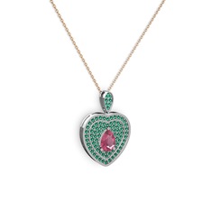 Damla Kalp Kolye - Pembe kuvars ve yeşil kuvars 18 ayar beyaz altın kolye (40 cm rose altın rolo zincir) #3uqnyz